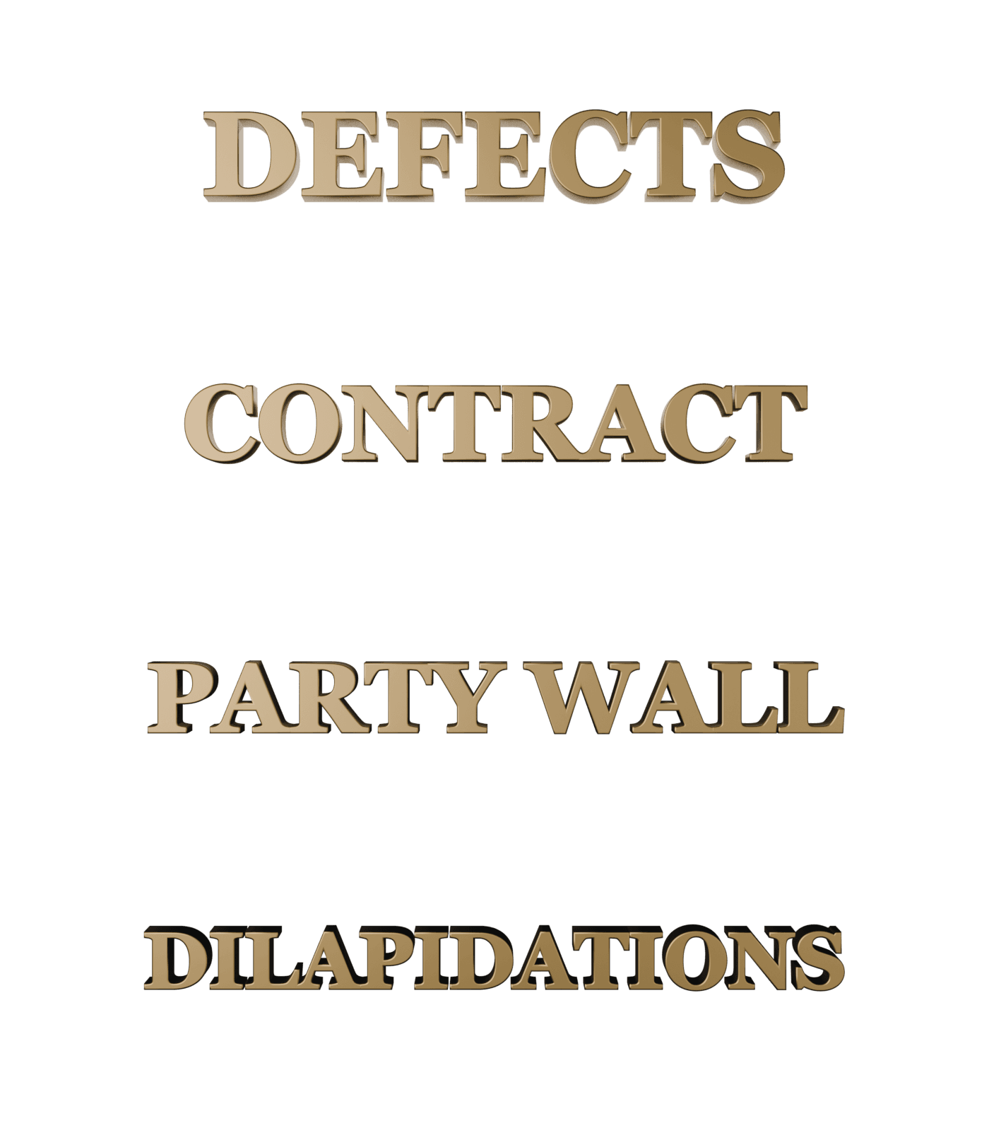 Three-dimensional gold lettering naming the disputes covered: defects, contract, party wall, and dilapidations.