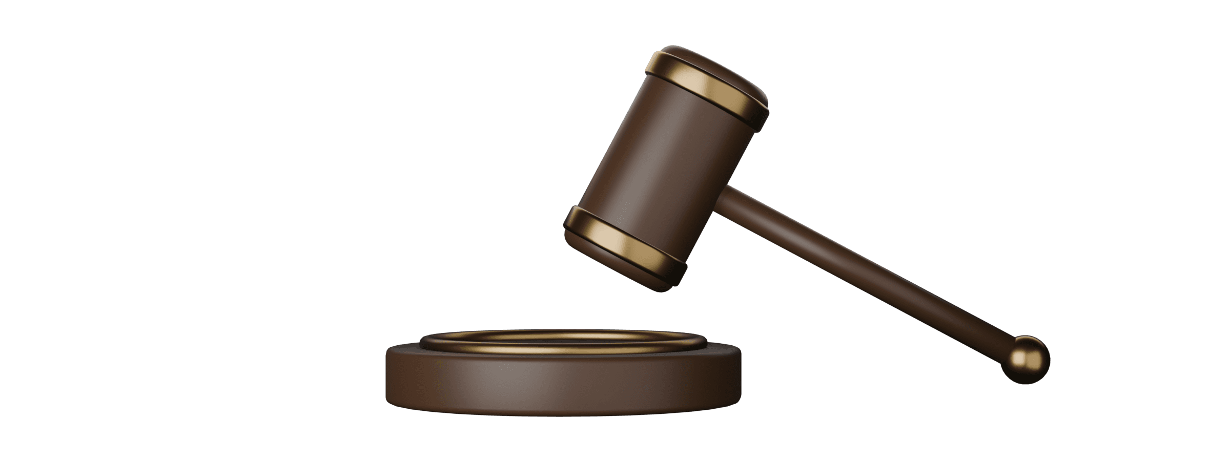 Three-dimensional wooden gavel with brass bands poised above the round sound block it strikes.