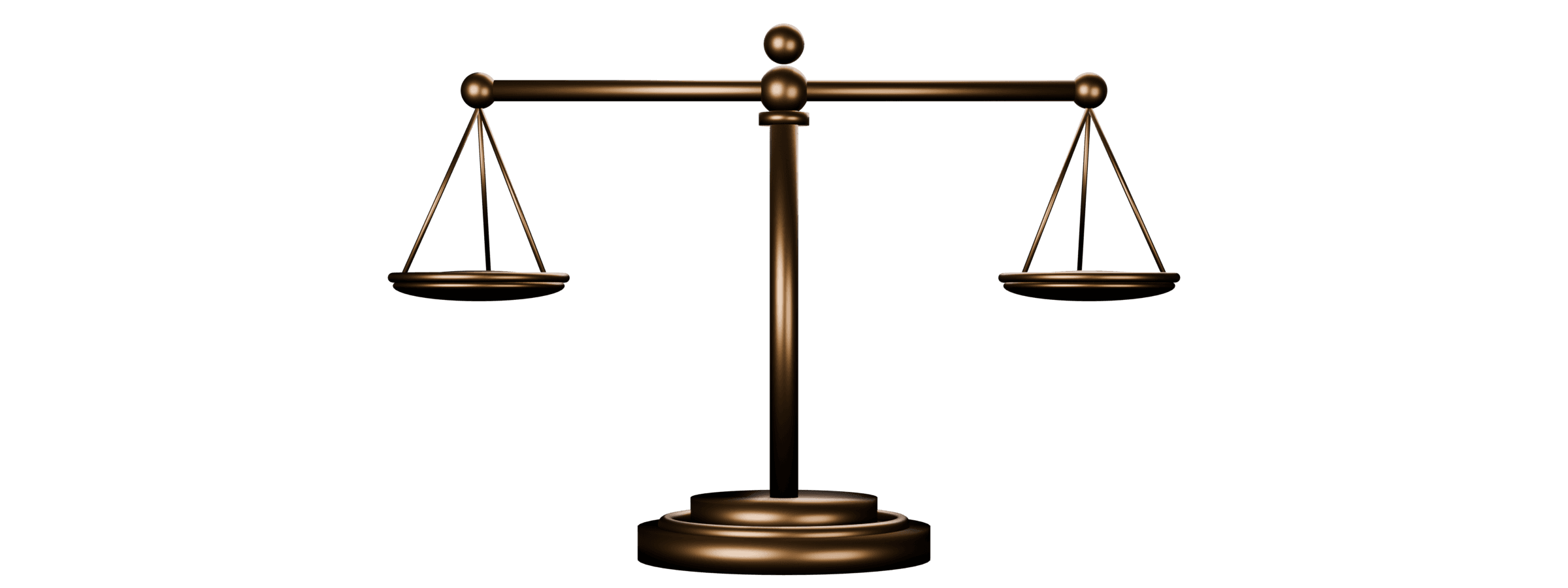 Three-dimensional bronze scales of justice with two suspended pans held in balance.