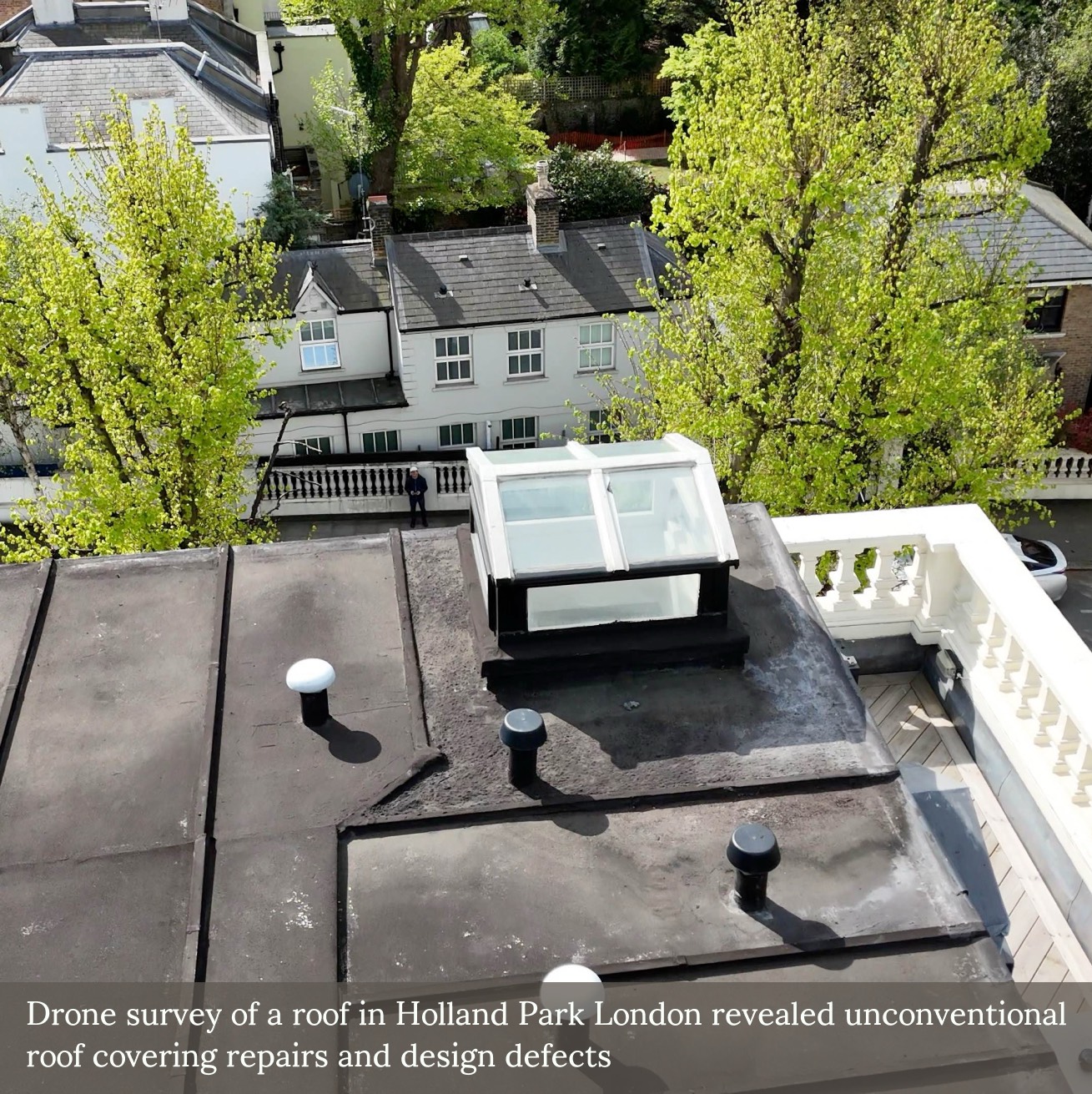Where Roof Design Meets Condensation Risk
Two timber-framed roof lanterns formed part of a recent external inspection we undertook on a mansard roof in West London. Both featured single glazed elements, limited overhangs, and decorative paint finishes in poor condition.
The presence of condensation to internal glazing, along with signs of historical repair and timber exposure, highlights a common set of issues—particularly in traditional or poorly detailed roof structures.
Where single glazed rooflights are retained in occupied spaces, internal dampness is frequently the result of thermal bridging or trapped moisture, rather than rainwater penetration alone.
In such cases, replacement offers the opportunity to introduce modern, thermally efficient materials and more robust junction detailing—reducing risk and improving long-term performance.