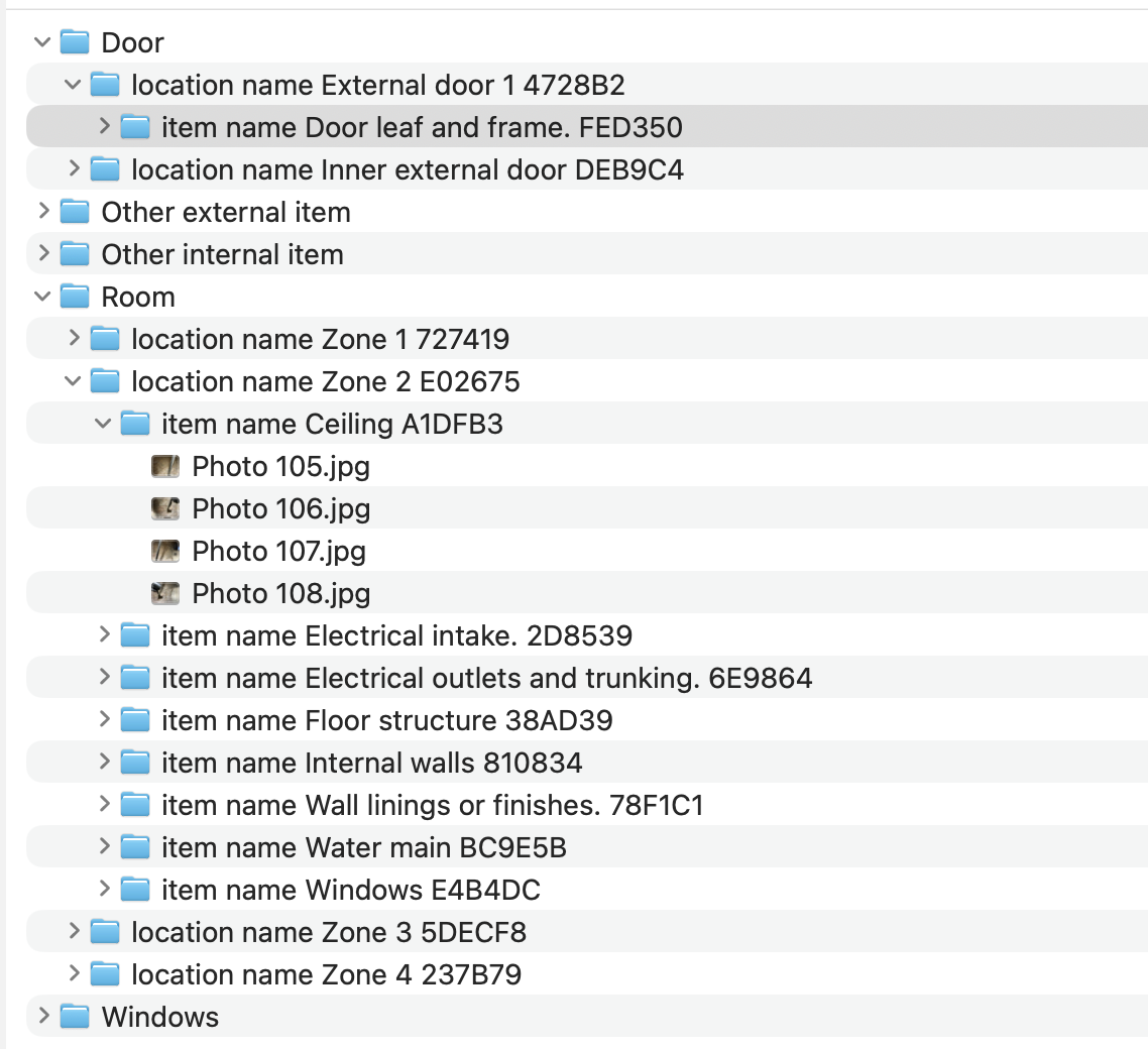 Hierarchical folder structure for a schedule of condition image set — photographs organised by building area and element